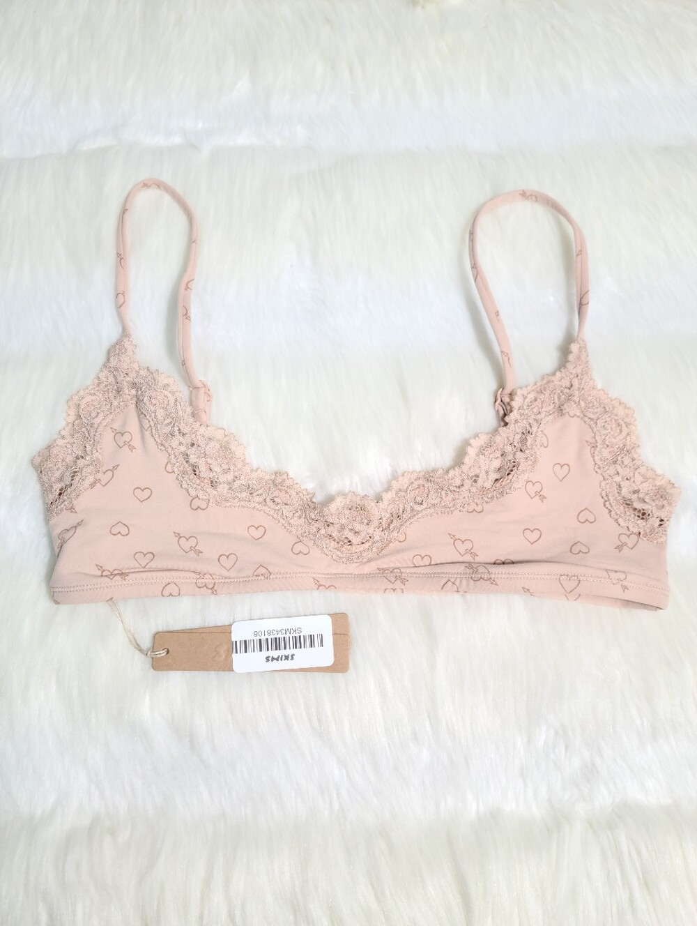 SKIMS Fits Everybody Lace Scoop Bralette Mica Sketched Hearts Women Small NEW